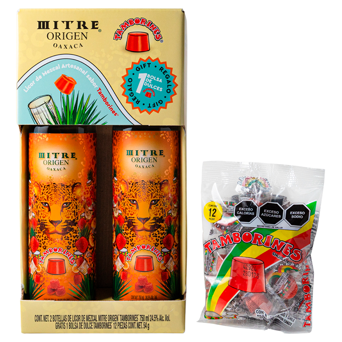 Dúo Pack Mitre Origen Tamborines | 2 botellas 750 ml + Bolsa de dulce Tamborines | Licor De Mezcal Artesanal | Sabor Tamarindo Y Chile