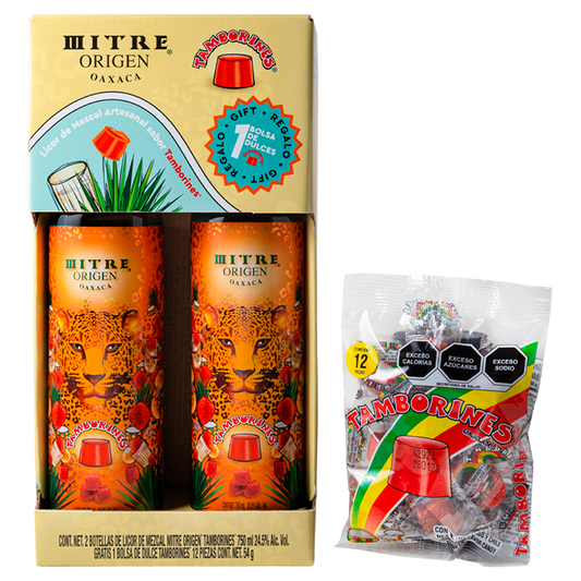 Dúo Pack Mitre Origen Tamborines | 2 botellas 750 ml + Bolsa de dulce Tamborines | Licor De Mezcal Artesanal | Sabor Tamarindo Y Chile